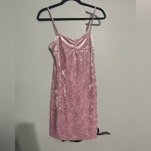 Pink velvet mini dress.